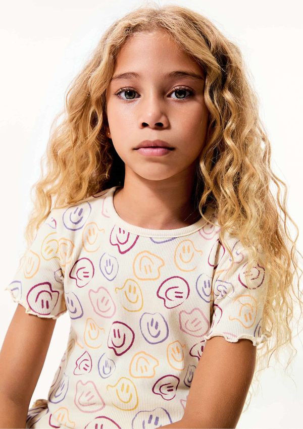 Blusa Infantil Menina Manga Curta Em Ribana Estampada - Creme 004