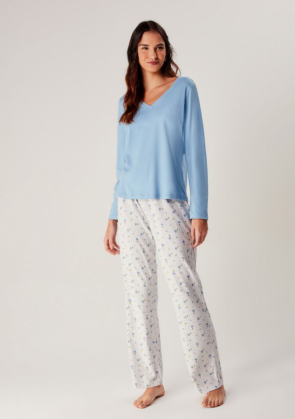 Pijama Feminino Longo Em Malha - Azul XG