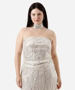 blusa sem alça feminina de paetê com lenço mindset plus size bege GG