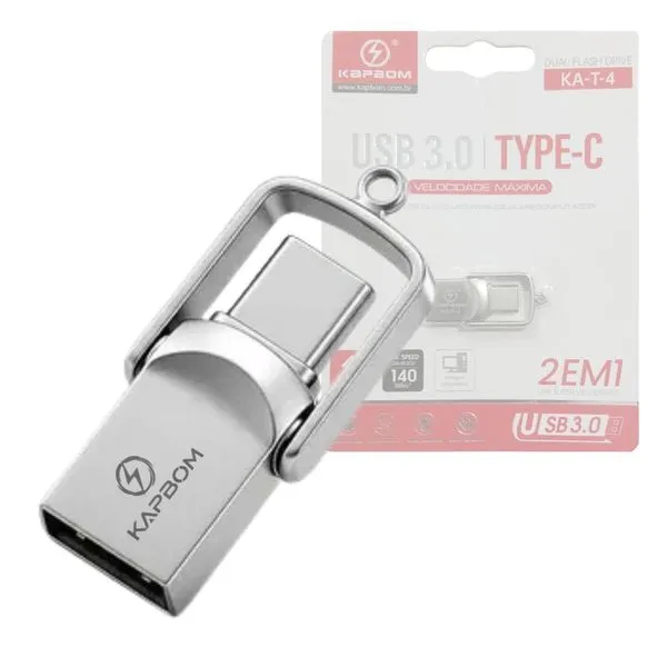 Pen Drive Usb 3.0 e Tipo-C Otg KA-T-4 4GB Leitura Até 140 MB-s Metal Prata Kapbom Pen Drive Usb 3.0 e Tipo-C Otg KA-T-4 4GB Leitura Até 140 MB-s Prata Kapbom