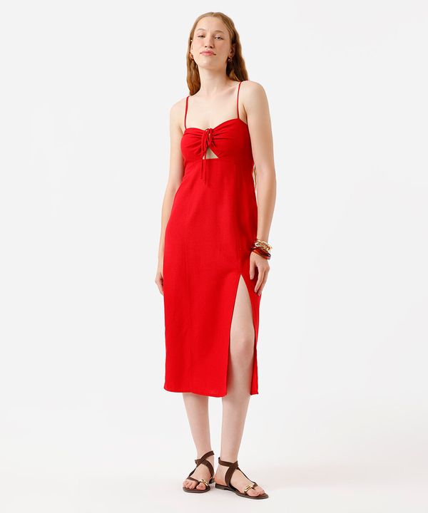 vestido midi alça fina feminino com linho e fenda vermelho M