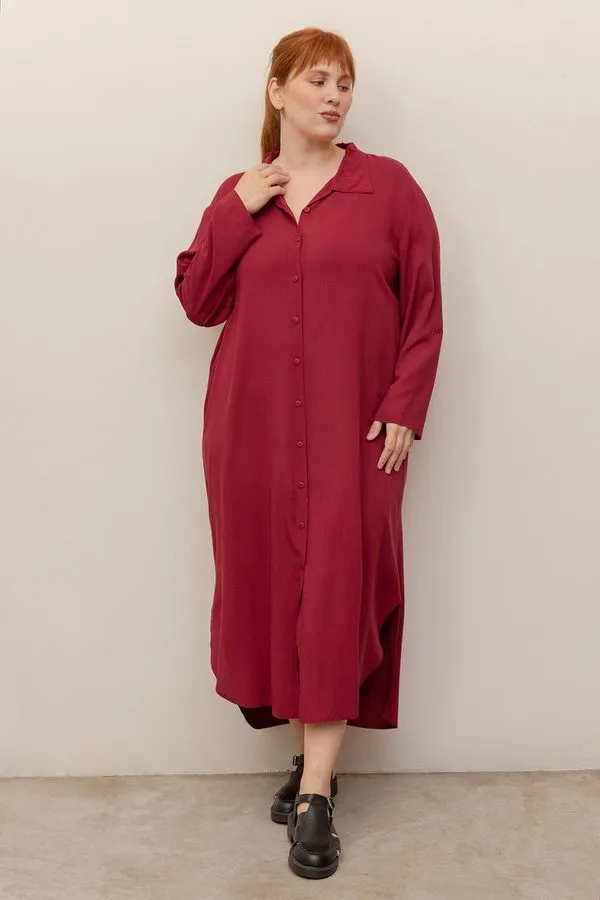 Vestido Chemise Longo com Fendas Plus Size Vinho-EXGG