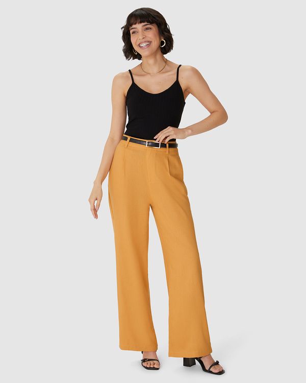 Calça Alfaiataria Feminina Cintura Alta Em Viscolinho Amarelo - GG