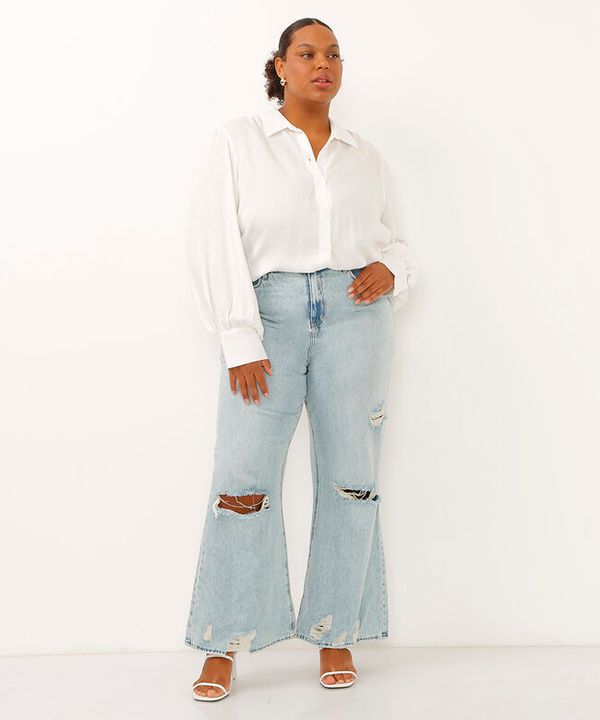 calça plus size wide jeans destroyed cintura super alta azul 54