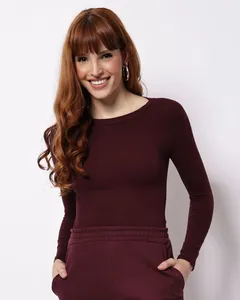 Blusa Feminina Básica Manga Longa Vinho M