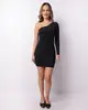 Vestido Feminino Curto Canelado Um Ombro Só Preto G