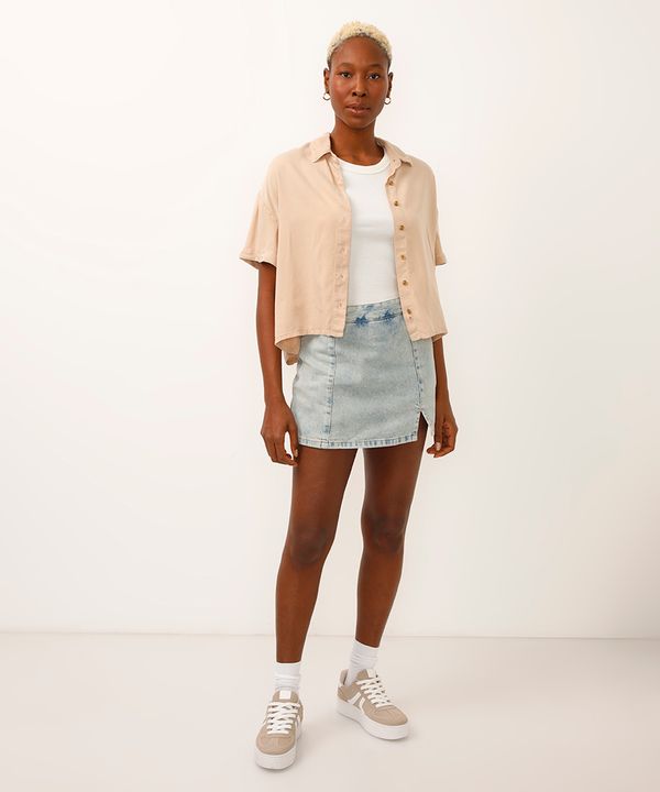 short saia jeans cintura alta com fenda azul 34