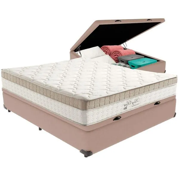 Cama Box Baú E Colchão King Best Bege Molas Ensacadas Casal Casal Bege