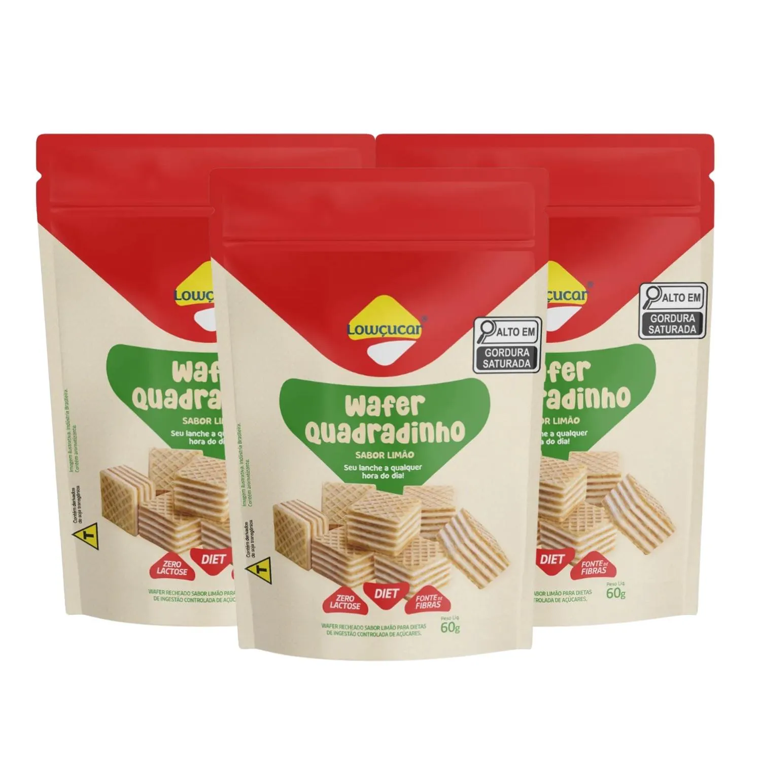 Kit Biscoito Wafer Quadradinho Diet Zero Lactose Limão Lowçúcar 3 Unidades 60g