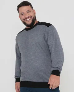 Suéter Masculino Plus Size Tricô Recortes Suede Cinza G3