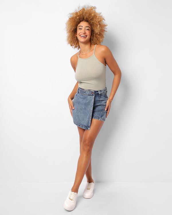 Short Saia Jeans Feminino Curto Marmorizado Azul 40