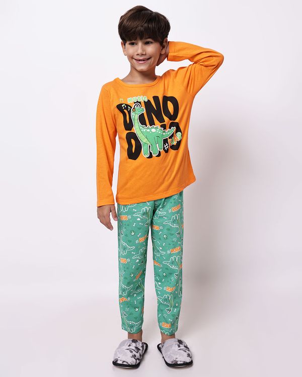 Pijama Infantil Longo Estampado Dinossauros Manga Longa Laranja 10
