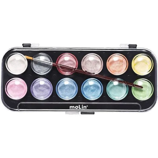 Aquarela Escolar Molin do Brasil Artist Metálica 12 Cores com Estojo e Pincel Aquarela Escolar Molin do Brasil Artist Metálica 12 Cores com Pincel