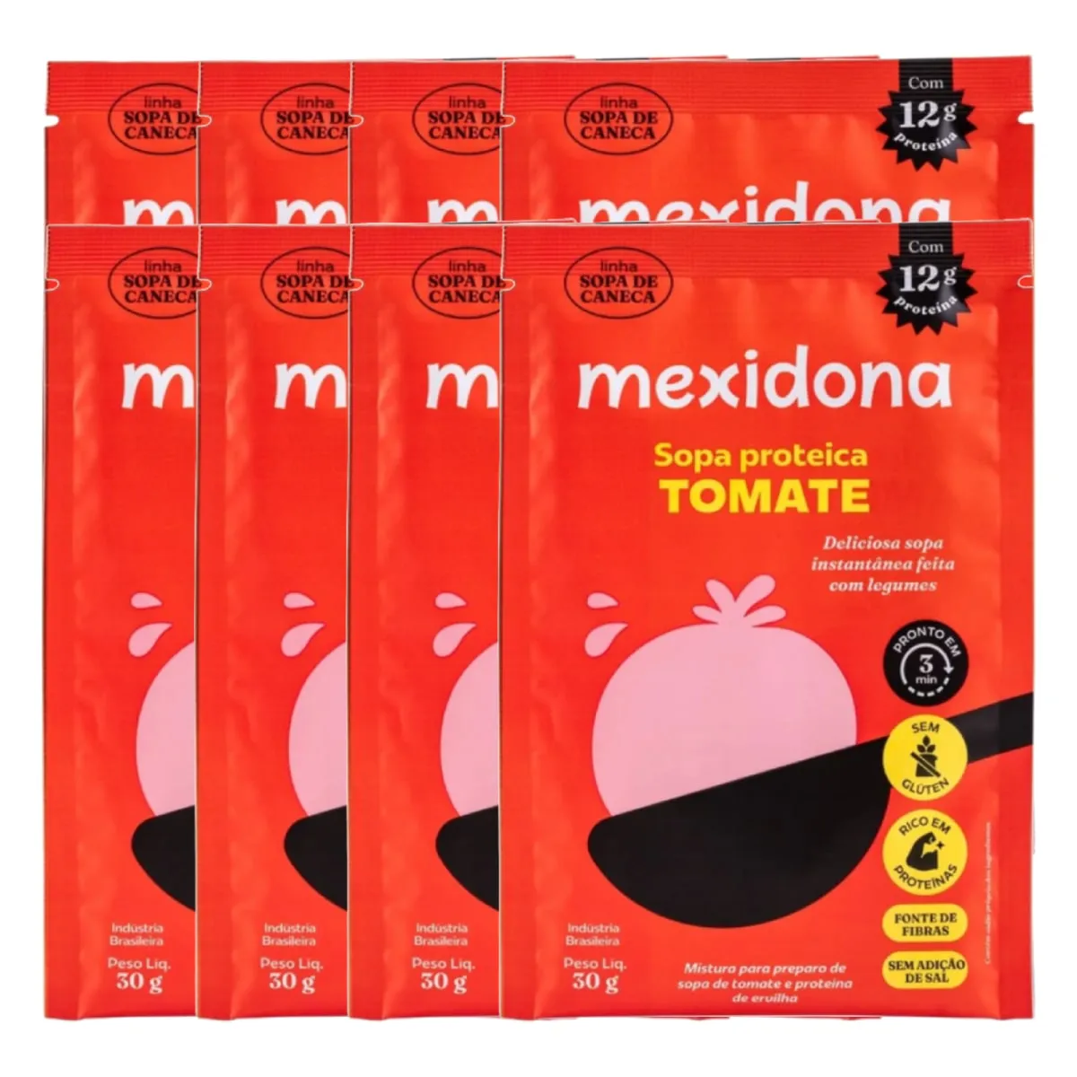 Sopa de Caneca Proteica de Tomate Sem Glúten, Vegana Mexidona contendo 8 porções de 30g cada