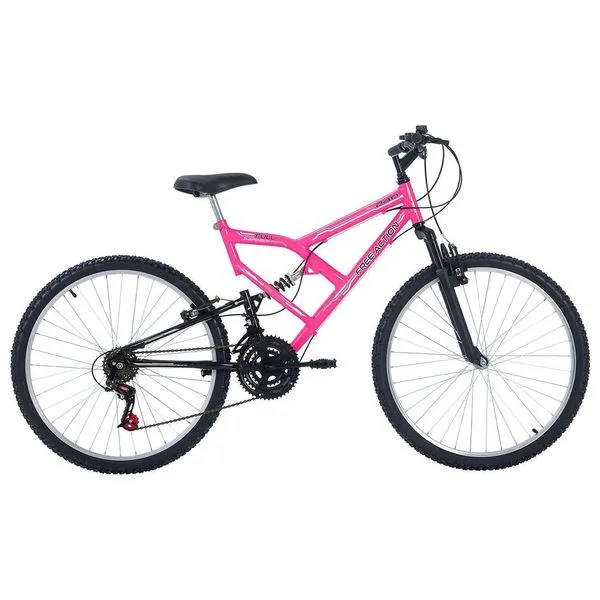 Bicicleta Mountain Bike Full FA 240 Aro 26 Quadro Aço 18 Marchas Free Action Rosa Chicle