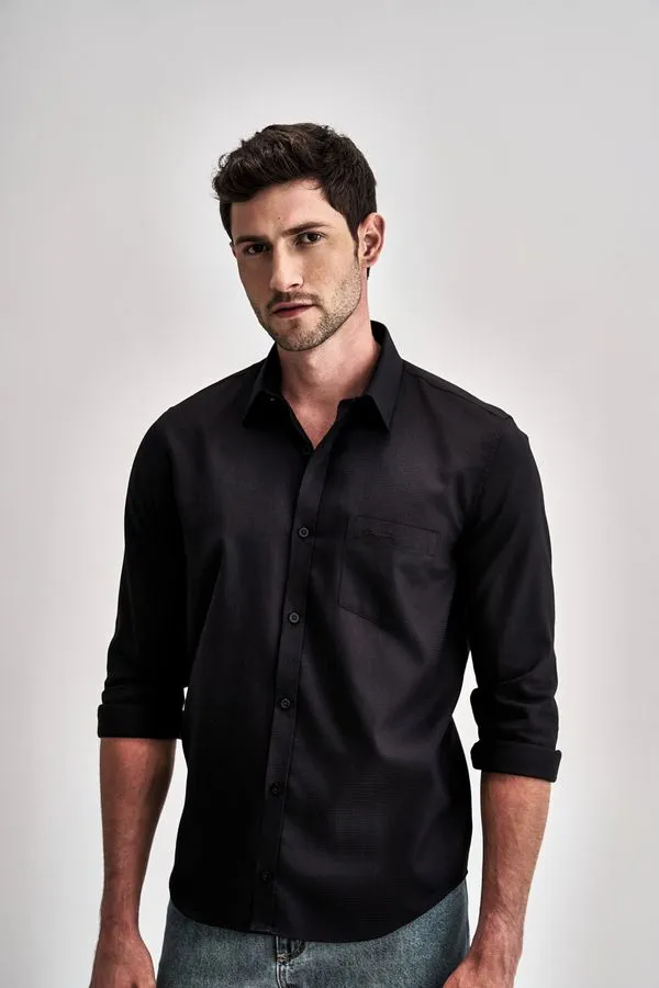 Camisa Clássica Manga Longa Maquinetada - Preto - 3