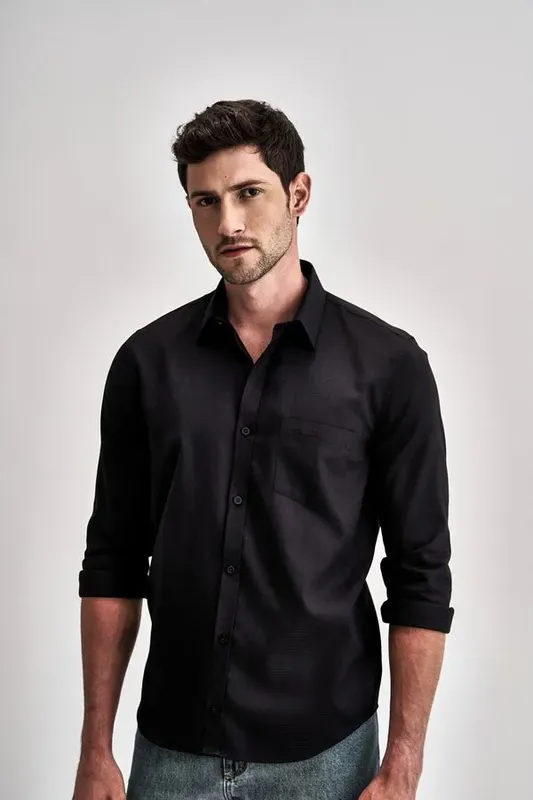 Camisa Clássica Manga Longa Maquinetada - Preto - 6