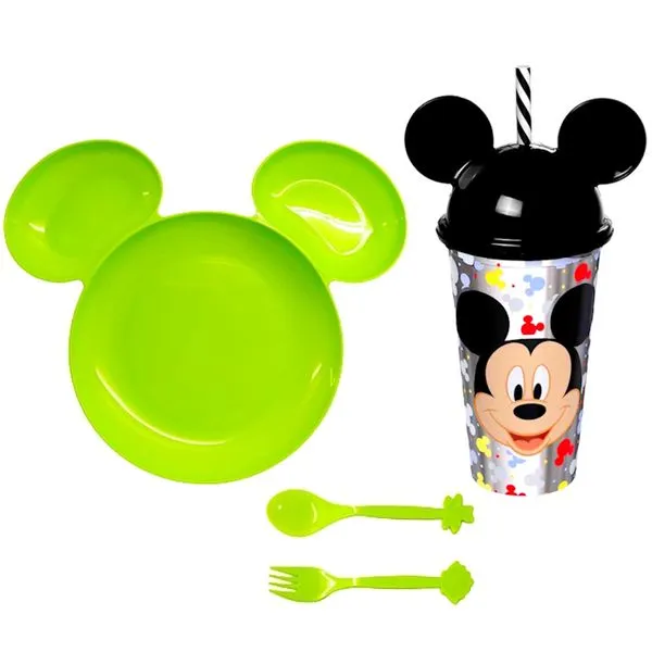 Kit Alimentação do Mickey com Prato com Divisórias e Copo com Canudo e Orelhas