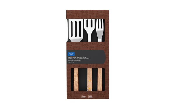Kit para Churrasco Brinox com Espátula, Pegador e Garfo Trinchante Madeira