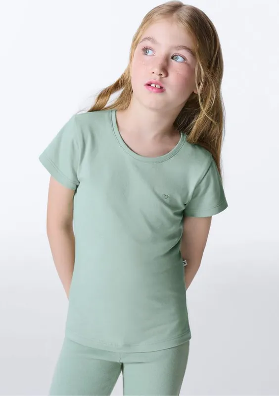 Blusa Básica Infantil Menina Manga Curta Slim Com Bordado Coração - Verde 004
