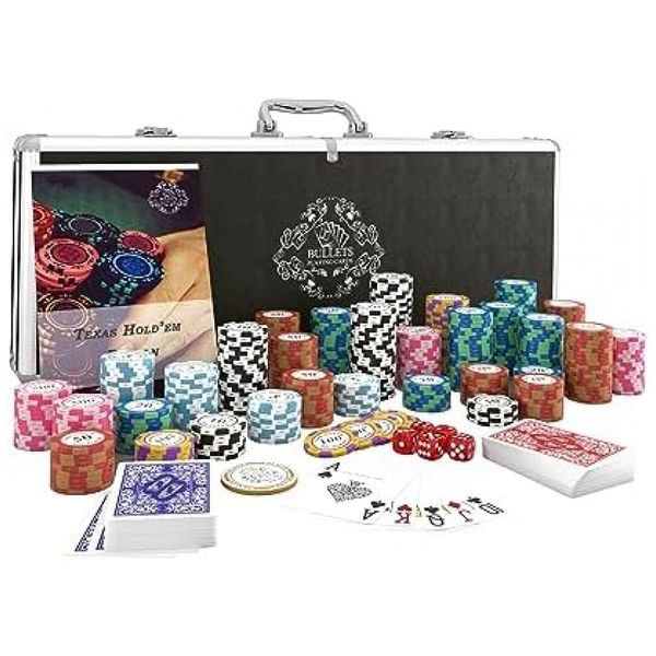Maleta de Poker com 300 Fichas Numeradas, Manual de Regas e Cartas, Idade Recomendada 12 Anos ou Mais, Bullets