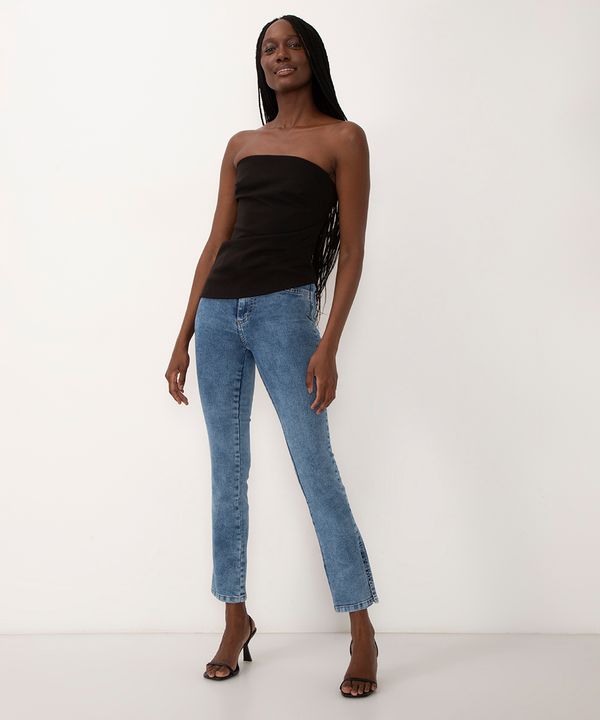 calça jeans reta com fenda cintura alta sawary azul claro 42