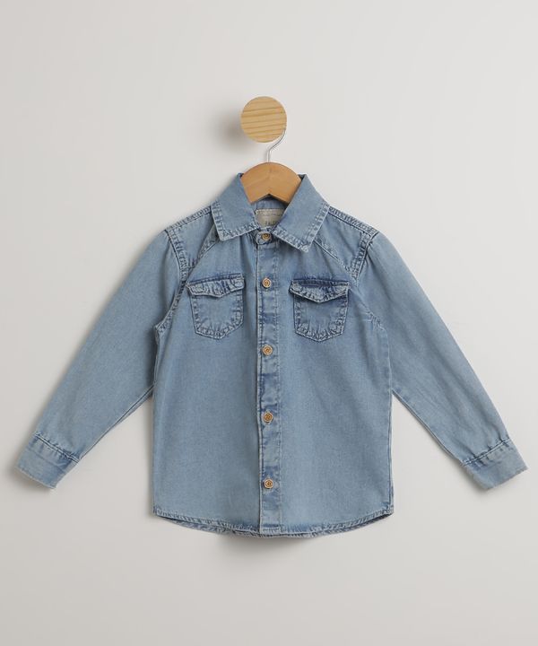 Camisa Infantil Jeans Manga Longa Azul Claro 10