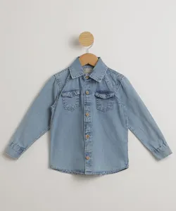 Camisa Infantil Jeans Manga Longa Azul Claro 4