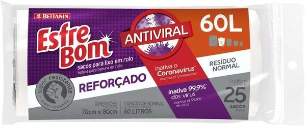 Saco Para Lixo Esfrebom Bettanin Antiviral Super Resistente Reforçado 60L Pacotecom 25 Sacos