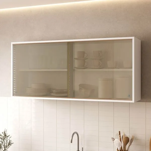 Armário Aéreo 2 Portas Reflecta de Correr 120cm Soho CabeCasa MadeiraOriginals Branco Branco