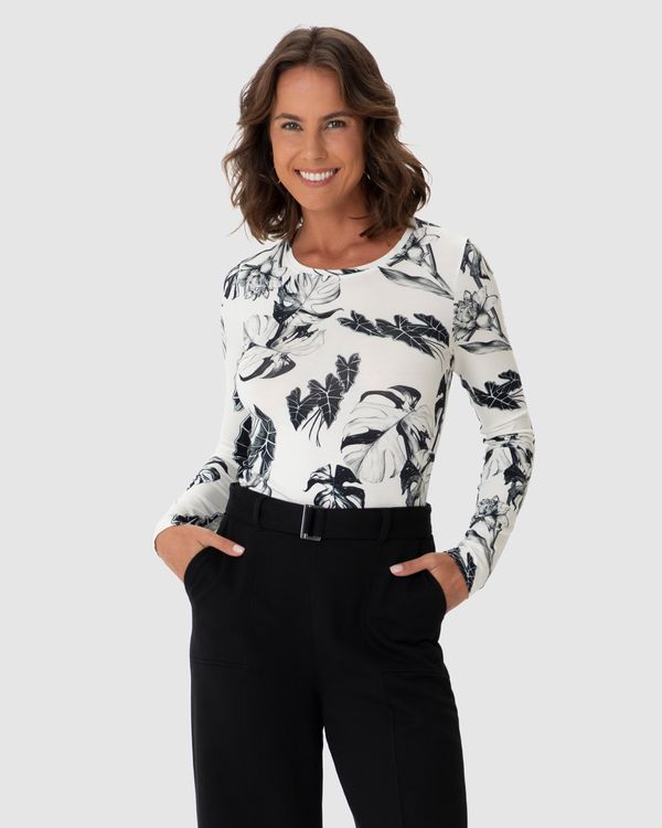 Blusa Feminina Estampada Decote Redondo Manga Longa Em Viscose Stretch Off White - G