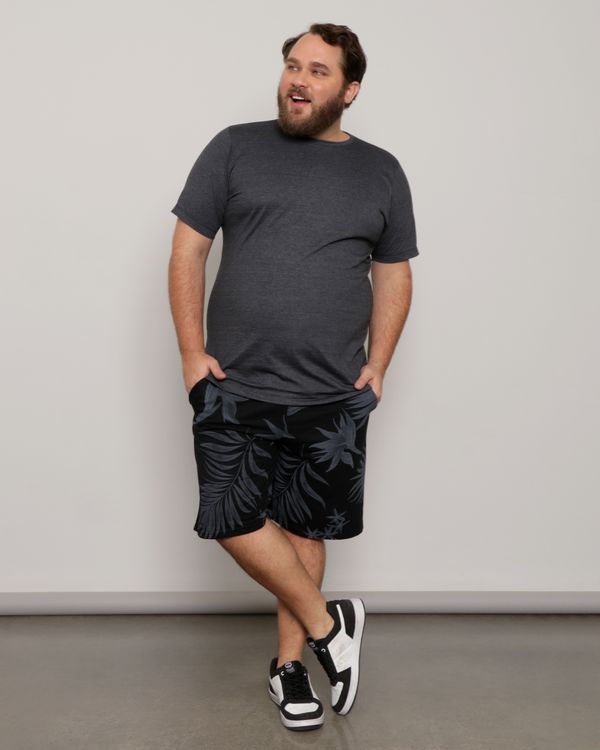 Bermuda Plus Size Masculina Moletinho Reta Estampa Folhagem Preta G2