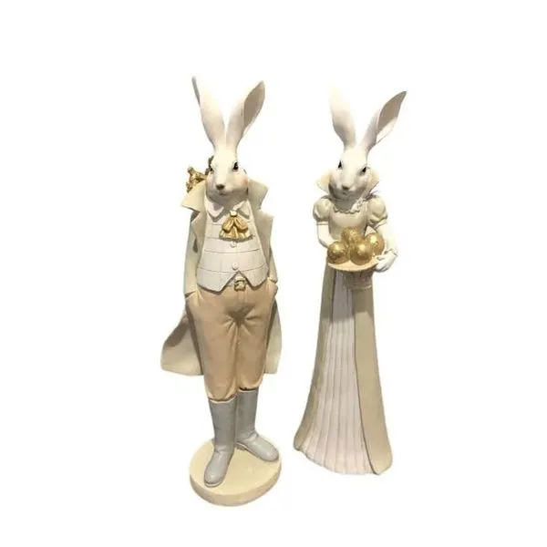 Escultura Em Resina Casal Coelhos Elisabeth E Harry Luxuosos