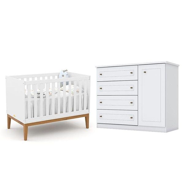 Berço Americano Unique Branco Soft Eco Wood - Matic E Cômoda Infantil Americano Branco Hp - Henn