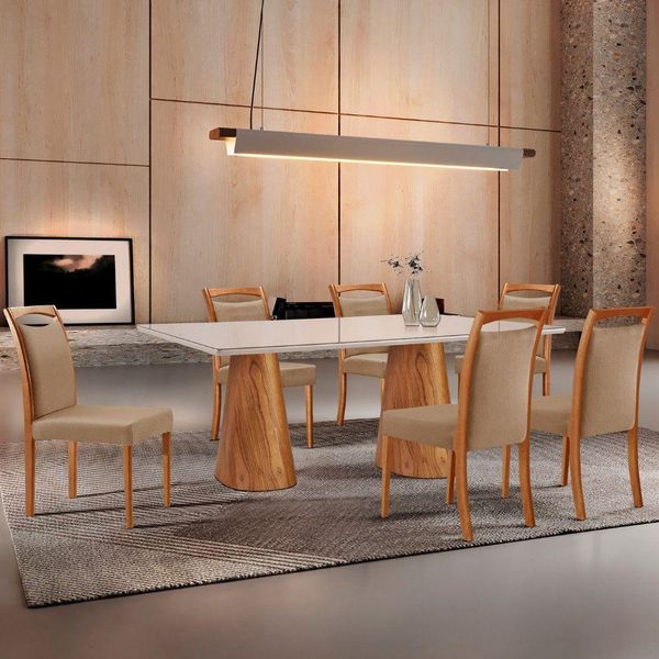 Mesa Noronha 180cm Tampo Com Vidro Laqueado Com 6 Cadeiras Linho Palha Imbuia Natural Off White