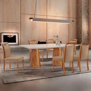 Mesa Noronha 180cm Tampo Com Vidro Laqueado Com 6 Cadeiras Linho Palha Imbuia Natural Off White