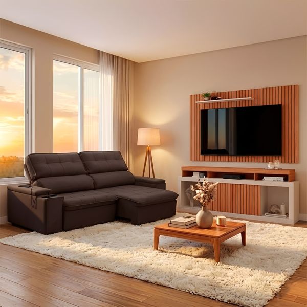 Conjunto Sofá Retrátil 3 Lugares Genebra Ferguile e Rack com Painel Para TV 65" New Oscar Caemmun | Cafe/Freijo/Off White