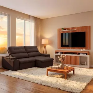 Conjunto Sofá Retrátil 3 Lugares Genebra Ferguile e Rack com Painel Para TV 65" New Oscar Caemmun | Cafe/Freijo/Off White