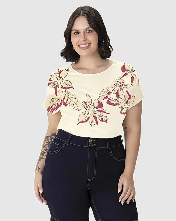 Blusa Feminina Plus Size Ampla Estampada Manga Curta Em Algodão Off White - G3