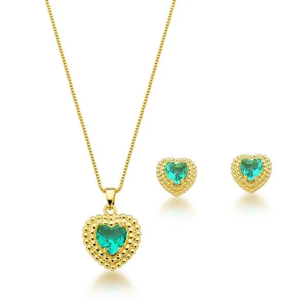 Conjunto Colar E Brincos Coração Verde Claro Banhado A Ouro 18k