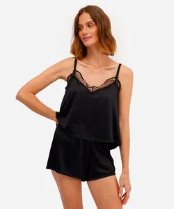 pijama short doll feminino acetinado com renda preta M