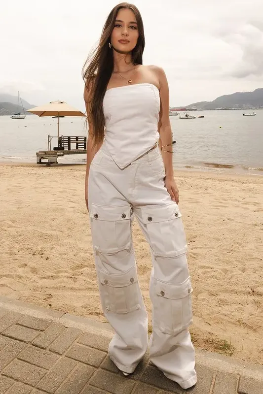 Calça Jeans Feminina Cargo Planet Girls Branco 36