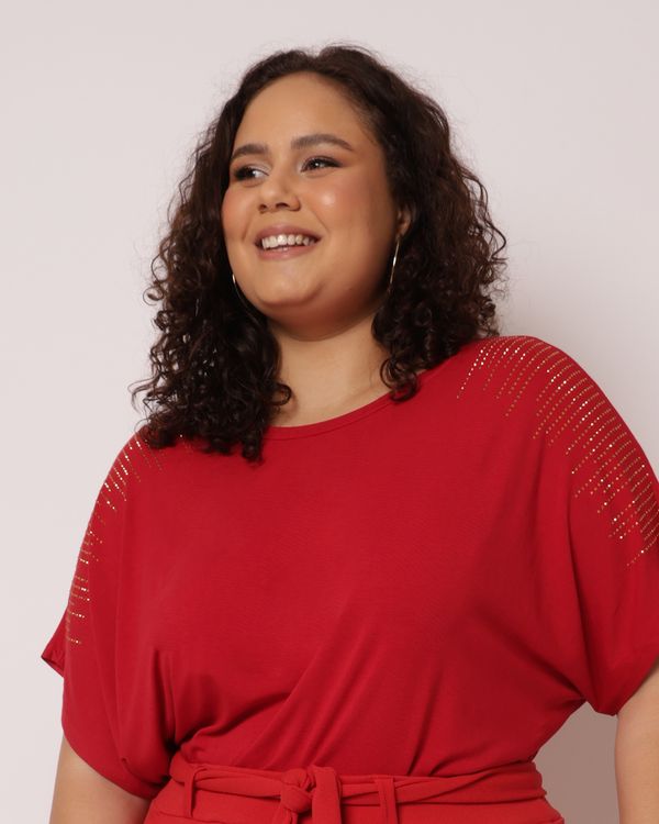 Blusa Plus Size Feminina Manga Curta com Strass Vermelha G1