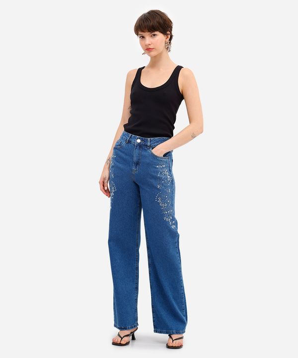 calça wide leg feminina jeans com bordado e brilhos azul 40