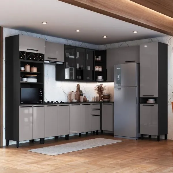 Cozinha Modulada Completa Fidelitá Mônaco 9 Peças 549cm 17 Portas 2 Gavetas Com Tampo Chumbo/titânio