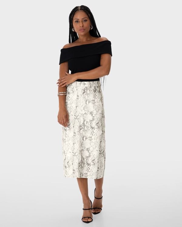 Saia Longa Feminina Fenda Frontal Snake Print Em Sarja - ENFIM Off White - 46