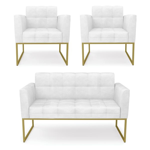 Kit 1 Sofá Namoradeira e 2 Poltronas Elisa Corano Base Metálica Industrial Dourado - D'Rossi Branco