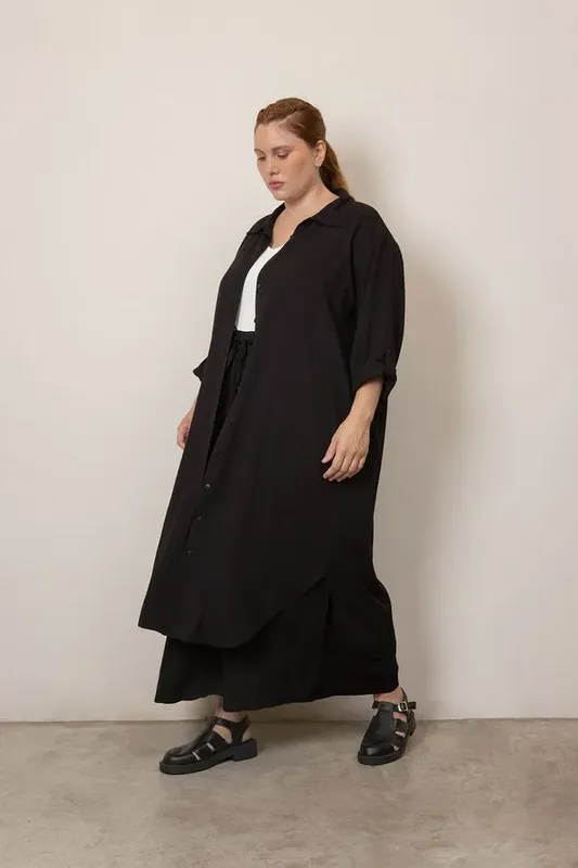 Vestido Chemise Sarjado Plus Size Preto-EXG