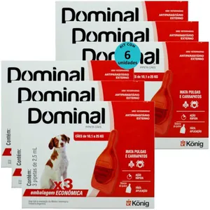DOMINAL PIPETA PARA CÃES 10,1 A 25KG 2,5ML VERMELHO 3 UNID. KIT COM 6 CXS PREVENÇÃO DE PULGAS E CARRAPATOS