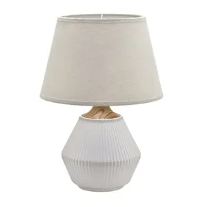 Abajur E27 Base Cerâmica Branca Detalhe Marrom Cúpula em Tecido Cru Bivolt 529053 - Mabruk